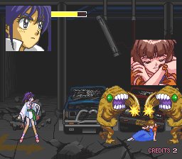 Kishin Dōji Zenki FX: Vajra Fight (PC-FX) screenshot: Two slime monsters are sexually molesting an underage girl! We should sue! Or maybe kick their asses?