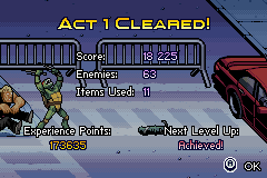 TMNT (Game Boy Advance) screenshot: Once you clear a level, you'll see how well you did and earn some much-needed experience points!
