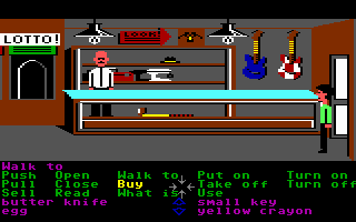 Zak McKracken and the Alien Mindbenders (Commodore 64) screenshot: In the Pawn Shop.