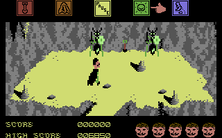 Dragon Skulle (Commodore 64) screenshot: Two ant-warriors are guarding a shovel.