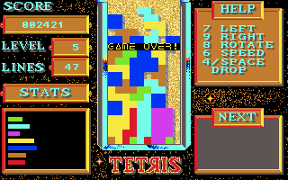 Tetris (Amiga) screenshot: Game over (Mirrorsoft)