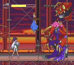 Kishin Dōji Zenki FX: Vajra Fight (PC-FX) screenshot: The girl is kidnapped by a... car monster. Seriously.