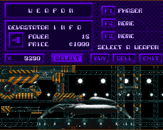Blastar (Amiga) screenshot: In the shops, you can buy better weapons, increase your speed, or get other improvements for your ship.