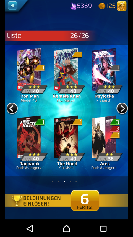 Marvel Puzzle Quest (Android) screenshot: A part of my roster.