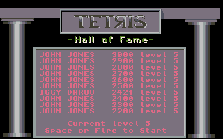 Tetris (Amiga) screenshot: High scores (Mirrorsoft)