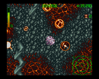 Blastar (Amiga) screenshot: Surrounded by hostile spheres, in some kind of volcanic environment.