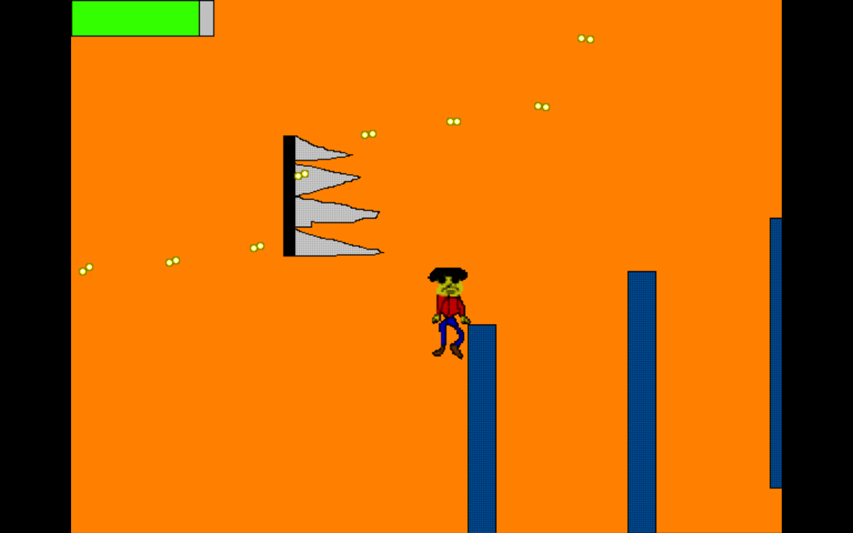 Seid (Windows) screenshot: Another set of blue platforms you need to get past. The hero here isn't falling because of how the game handles his sprite's collision checking.