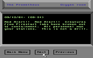 Project Firestart (Commodore 64) screenshot: Reading logs on the computer helps you understand what went terribly wrong here.