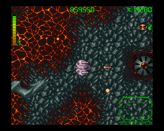 Blastar (Amiga) screenshot: Firing at some kind of hatch, to reveal the secret tunnel underneath.