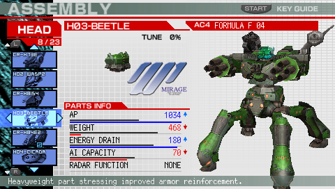 Armored Core: Formula Front - Extreme Battle (PSP) screenshot: New AC Assembly