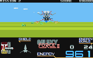 Galaxy Force II (Amiga) screenshot: A friendly ship comes with upgrades