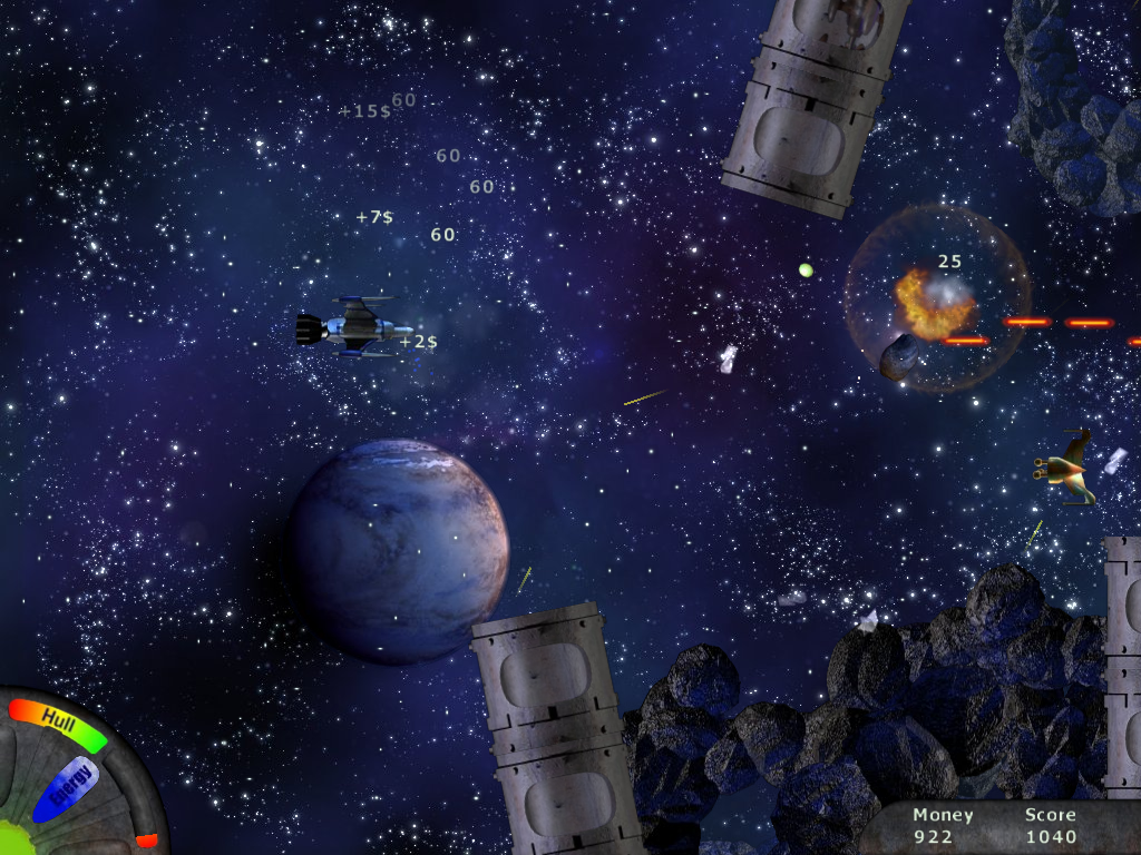 Star Blaze (Windows) screenshot: Debris from enemies earns money