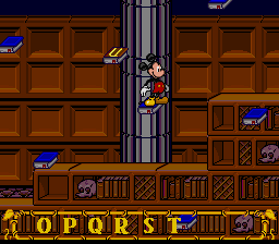 Mickey's Ultimate Challenge (SNES) screenshot: Mickey's first puzzle: to order the books alphabetically, jumping over the right letters in the right order.