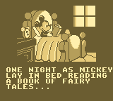 Mickey's Ultimate Challenge (Game Boy) screenshot: Intro cutscene, Mickey goes to sleep, wondering what it would be like to live in a magic castle...