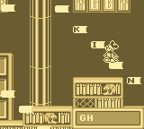 Mickey's Ultimate Challenge (Game Boy) screenshot: Mickey's first puzzle: to order the books alphabetically, jumping over the right letters in the right order.