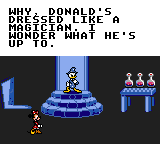 Mickey's Ultimate Challenge (Game Gear) screenshot: Minnie finds Donald testing a new shrinking spell.