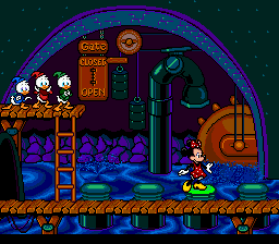 Mickey's Ultimate Challenge (Genesis) screenshot: To fix the draw-bridge, she plays a "Simon Says" game.