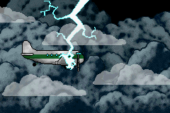 Pitfall: The Lost Expedition (Game Boy Advance) screenshot: Pitfall Harry's plane was hit by lightning.