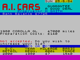 New Wheels John? (ZX Spectrum) screenshot: Attempting to buy a car