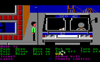 Zak McKracken and the Alien Mindbenders (Commodore 64) screenshot: Near the bus.