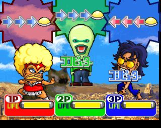 Bishi Bashi Special 3: Step Champ (PlayStation) screenshot: Here you have to pull off a special move before the other players to hurt them before they hurt you.