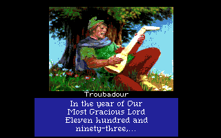 Conquests of the Longbow: The Legend of Robin Hood (Amiga) screenshot: The minstrel tells the story in song.