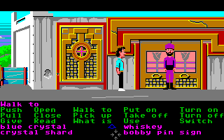 Zak McKracken and the Alien Mindbenders (Amiga) screenshot: Hello, guard!