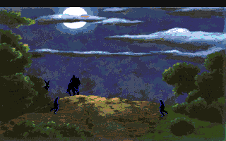 Conquests of the Longbow: The Legend of Robin Hood (Amiga) screenshot: Bad guys sneaking up on King Richard.
