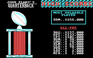 Quarterback (PC Booter) screenshot: High scores / (Original Default) (CGA)