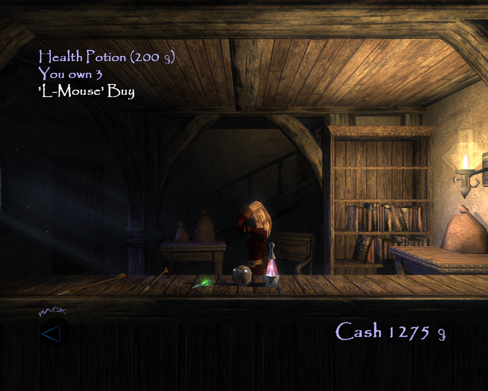 Thief: Deadly Shadows (Windows) screenshot: Buying potions and such. The female seller adjusts her hair in real time