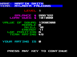 Grid Iron 2 (ZX Spectrum) screenshot: Manager status reflects this