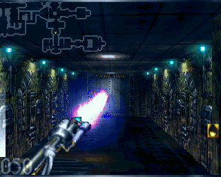 Genetic Species (Amiga) screenshot: It's all going a bit 'Aliens'. A nice flamethrower to burn the facehuggers. And zombies. And ED-209s (yes, really, though they are brown).