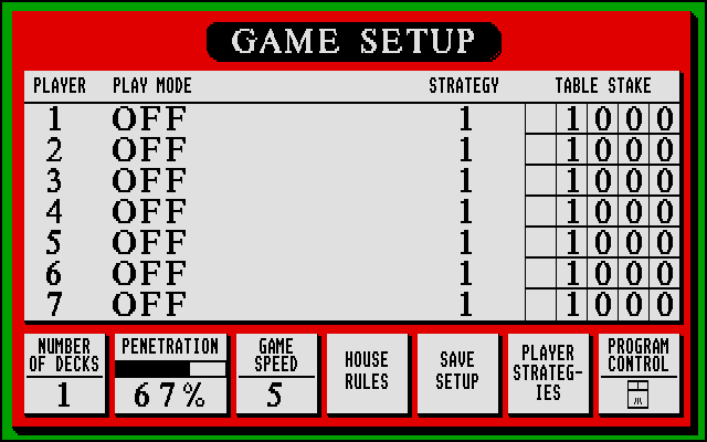 Black Jack Plus 3 (Atari ST) screenshot: Game setup