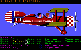 Zak McKracken and the Alien Mindbenders (Commodore 64) screenshot: Flying.