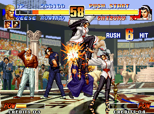 The King of Fighters '96 (Neo Geo) screenshot: Chizuru Kagura hit-damaging Geese successfully with his anti-air move Hyakkatsu: Tenjin no Kotowari.