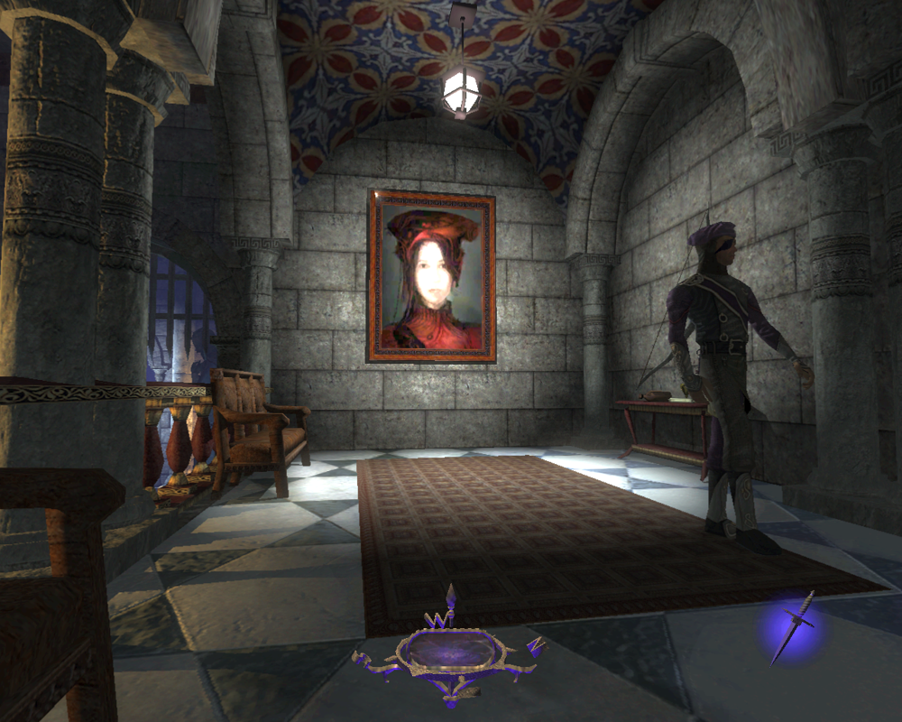 Thief: Deadly Shadows (Windows) screenshot: Dude... I'm here to appreciate art, is all. This is early Rafael Picasso von Dali, if I'm not mistaken. Quite... exquisite, indeed