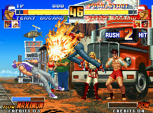 The King of Fighters '96 (Neo Geo) screenshot: P2 Terry Bogard gets a chance to damage P1 Terry Bogard with a Power Dunk: it's strike back time!