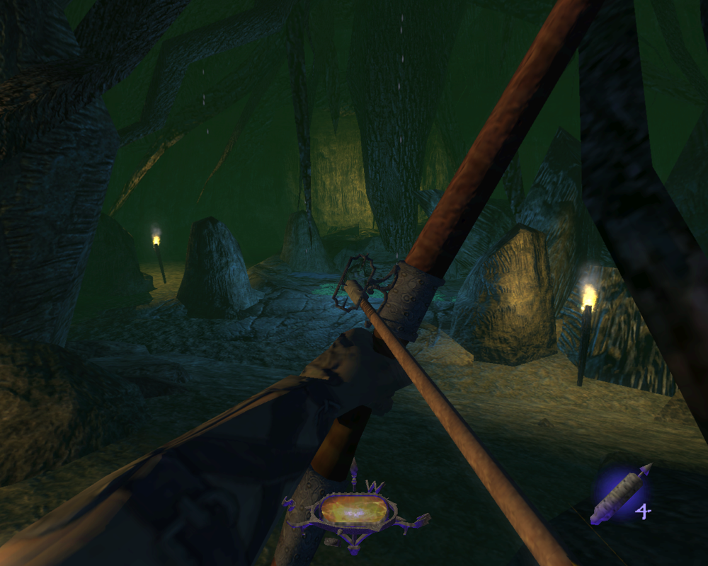 Thief: Deadly Shadows (Windows) screenshot: Practicing my bow skills with regular arrows in the Pagan Sanctuary