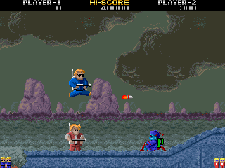 Demon's World (Arcade) screenshot: Where you begin the game. Pick up three of those P items for a shield! (Japan version)