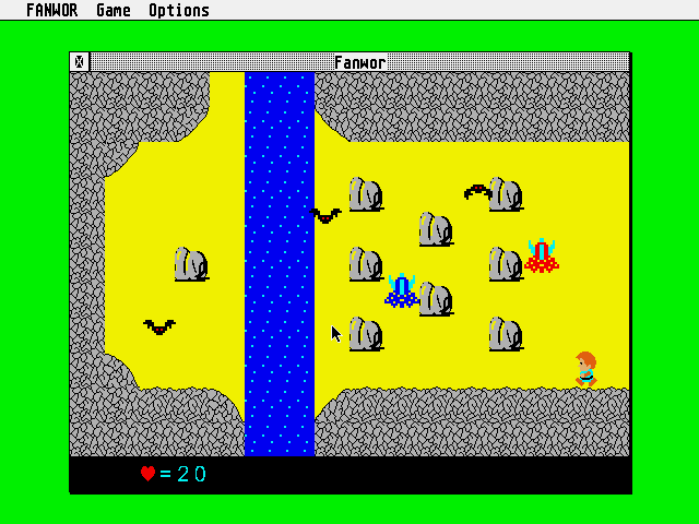 Fanwor: The Legend of Gemda (Atari ST) screenshot: I cannot cross the river at this screen as it seems
