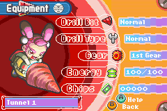 Drill Dozer (Game Boy Advance) screenshot: Press Select to access your Drill Dozer's current stats