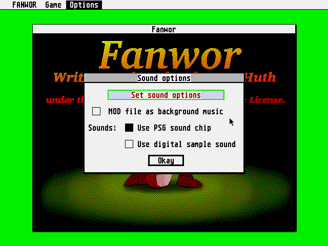 Fanwor: The Legend of Gemda (Atari ST) screenshot: Sound options: music is not activated by default