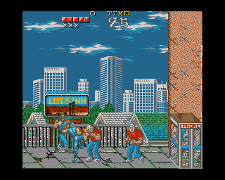 Ninja Gaiden (Amiga) screenshot: The beginning of the first level, fighting enemies that looks like Jason Voorhees.