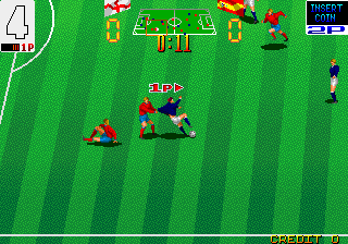 Super Soccer Champ (Arcade) screenshot: As long as the referee is off-screen various fouls (like shirt pulling) can be pulled off