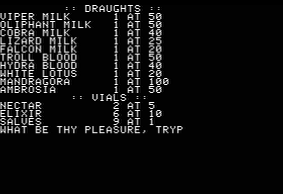 Dunjonquest: Hellfire Warrior (Apple II) screenshot: The apothecary sells some rather unusual sorts of milk