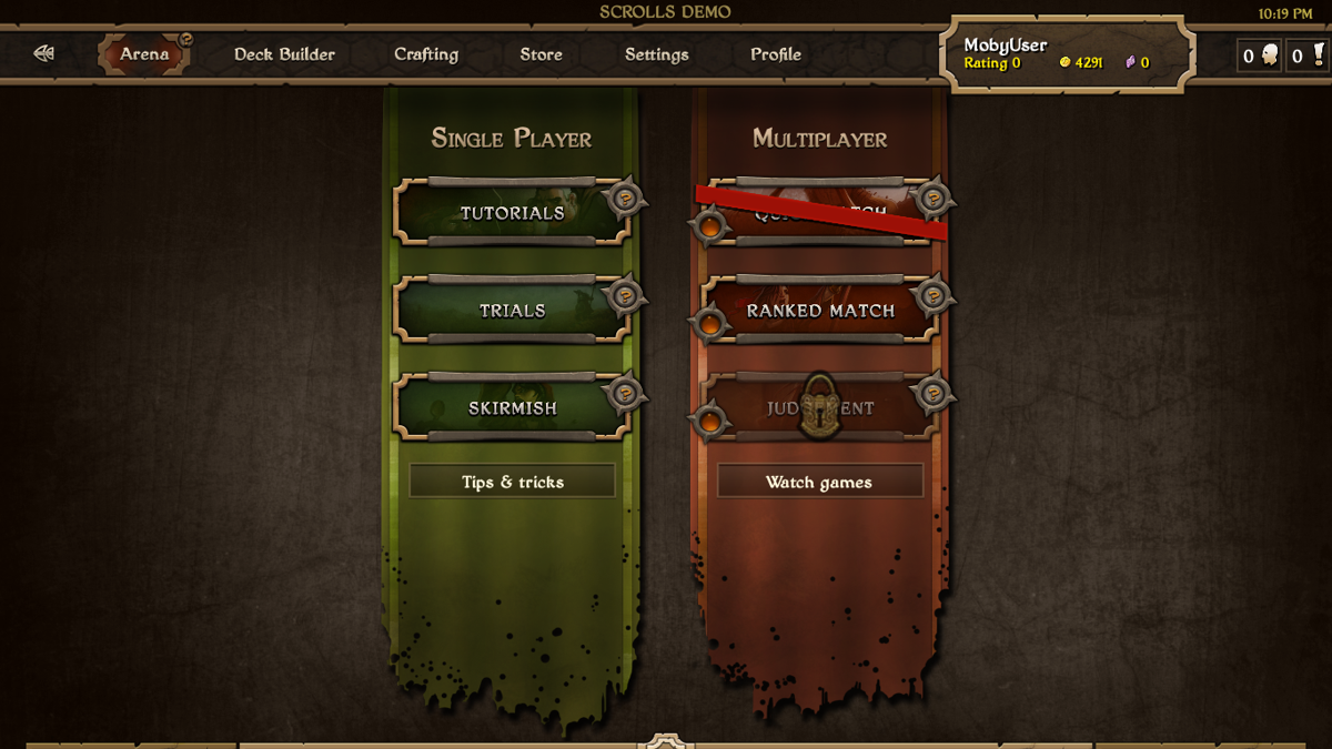 Scrolls (Windows) screenshot: Arena menu (demo)