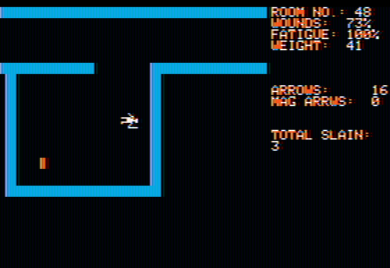 Dunjonquest: Hellfire Warrior (Apple II) screenshot: Found some treasure (that thing in the left corner of the room).
