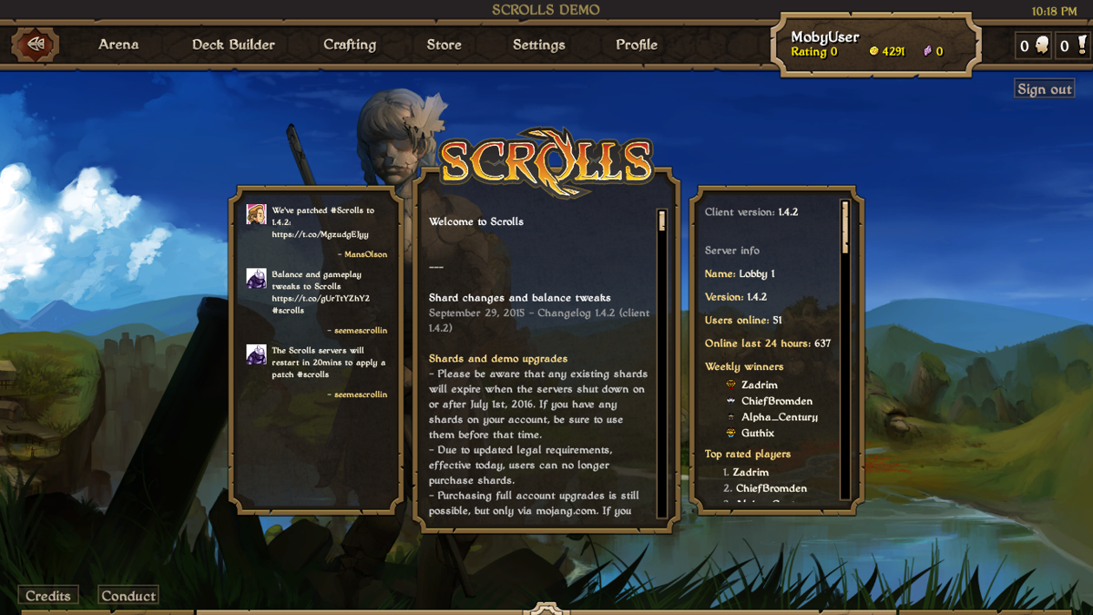 Scrolls (Windows) screenshot: Main menu (demo)