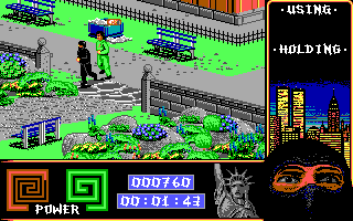 Last Ninja 2: Back with a Vengeance (DOS) screenshot: Level 1, "The Park": The <i>Shuriken</i>.<br>That trash bin might have something very interesting inside.