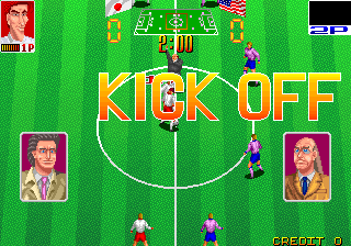 Super Soccer Champ (Arcade) screenshot: Japan vs USA match kicks off (Hat Trick Hero)